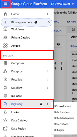 Select BigQuery under the Big Data section in the navigation menu of the Cloud Console