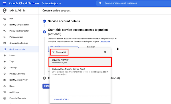 Grant BigQuery Job User role to service account
