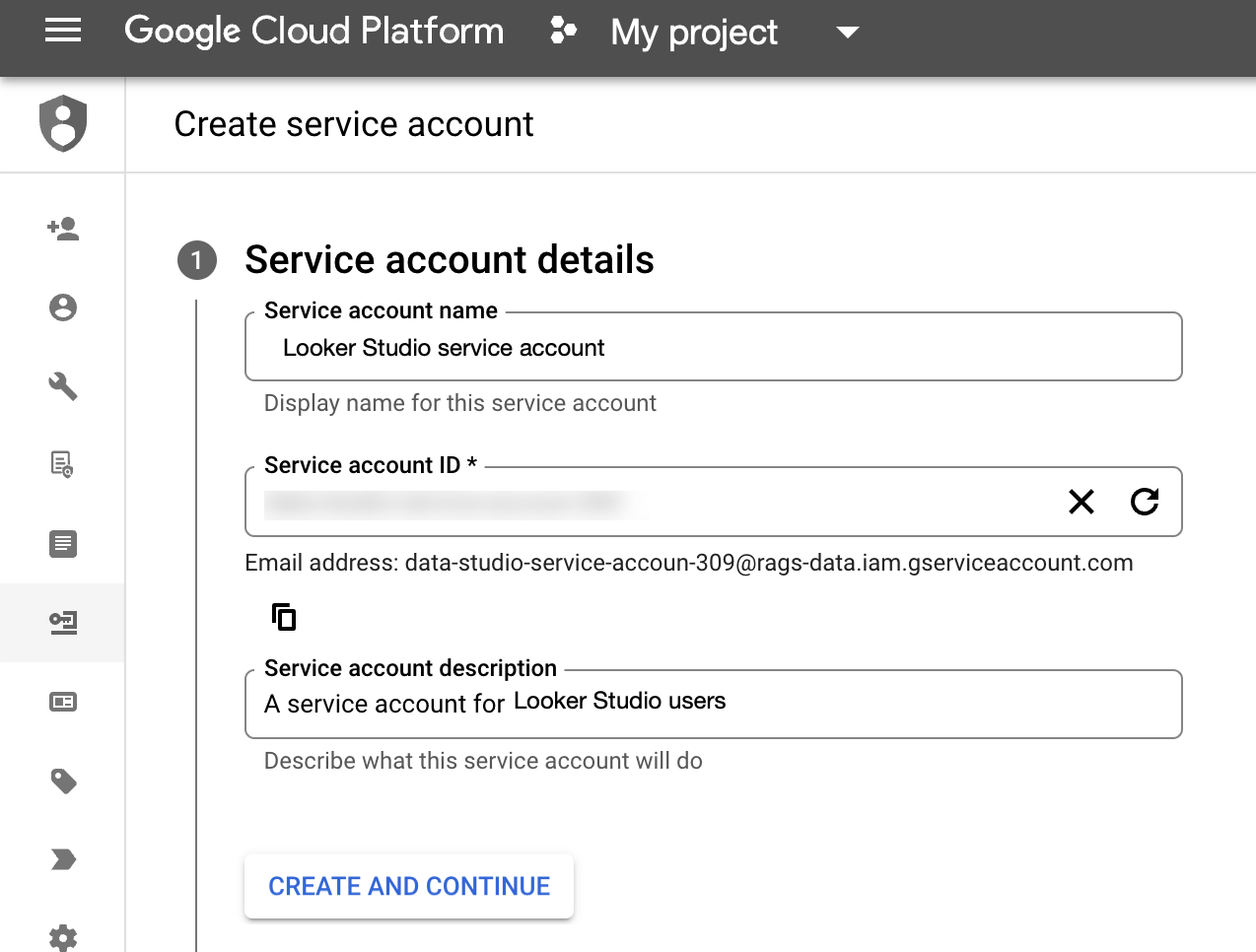 Google Cloud Platform Create service account page with Service account name, Service account ID, and Service account description fields filled out.