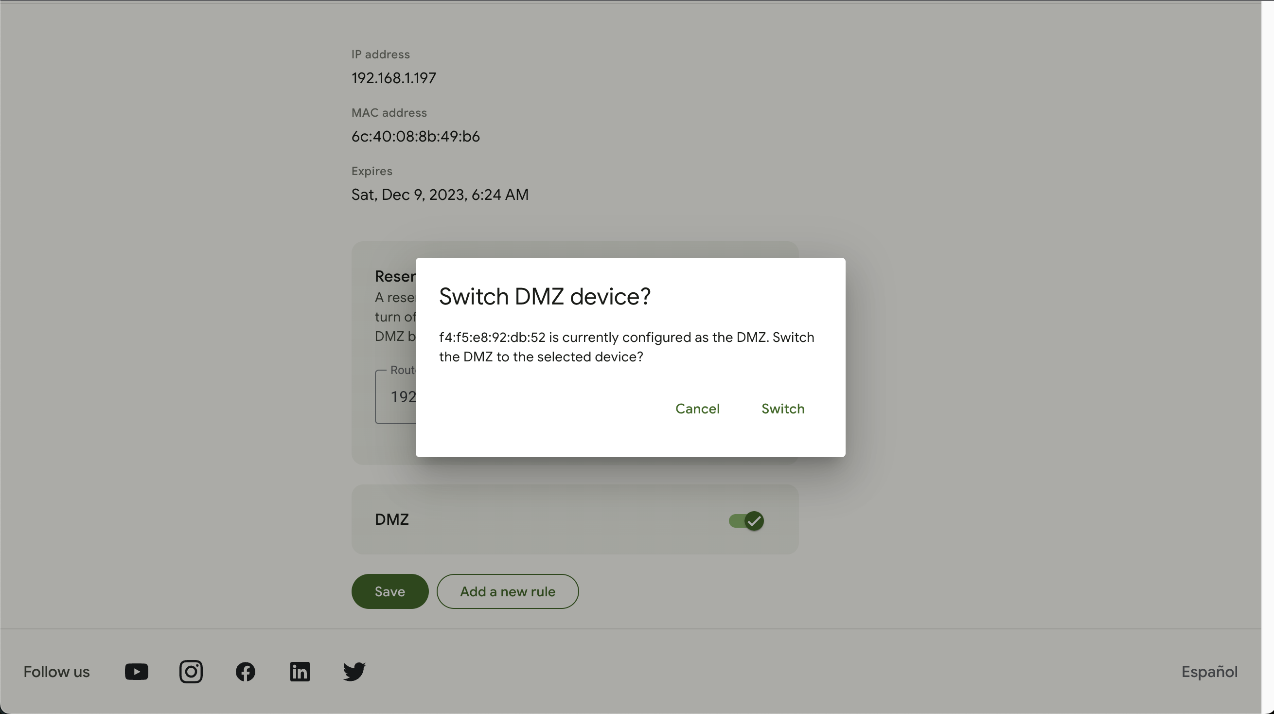 A confirmation modal in the GFiber portal reading, "Switch DMZ device?"