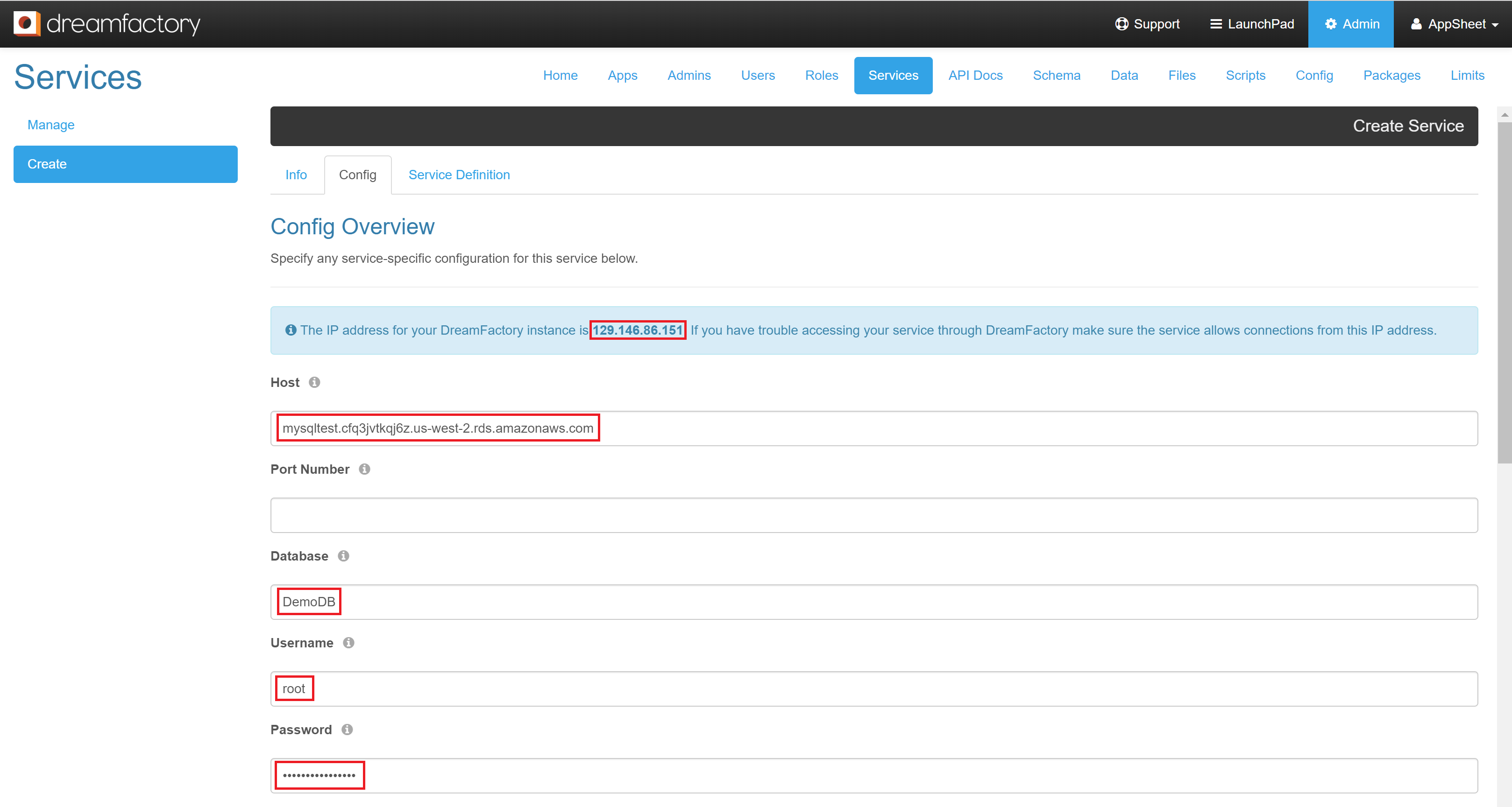 Configure the database for DreamFactory