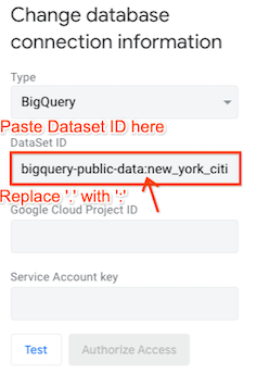 Past value in Dataset ID field in Add database connection information dialog
