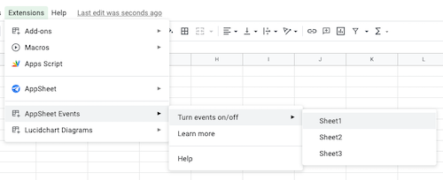 Shows Extensions> AppSheet Events > Turn events on/off > Sheet1 in the Sheets Extensions drop-down.