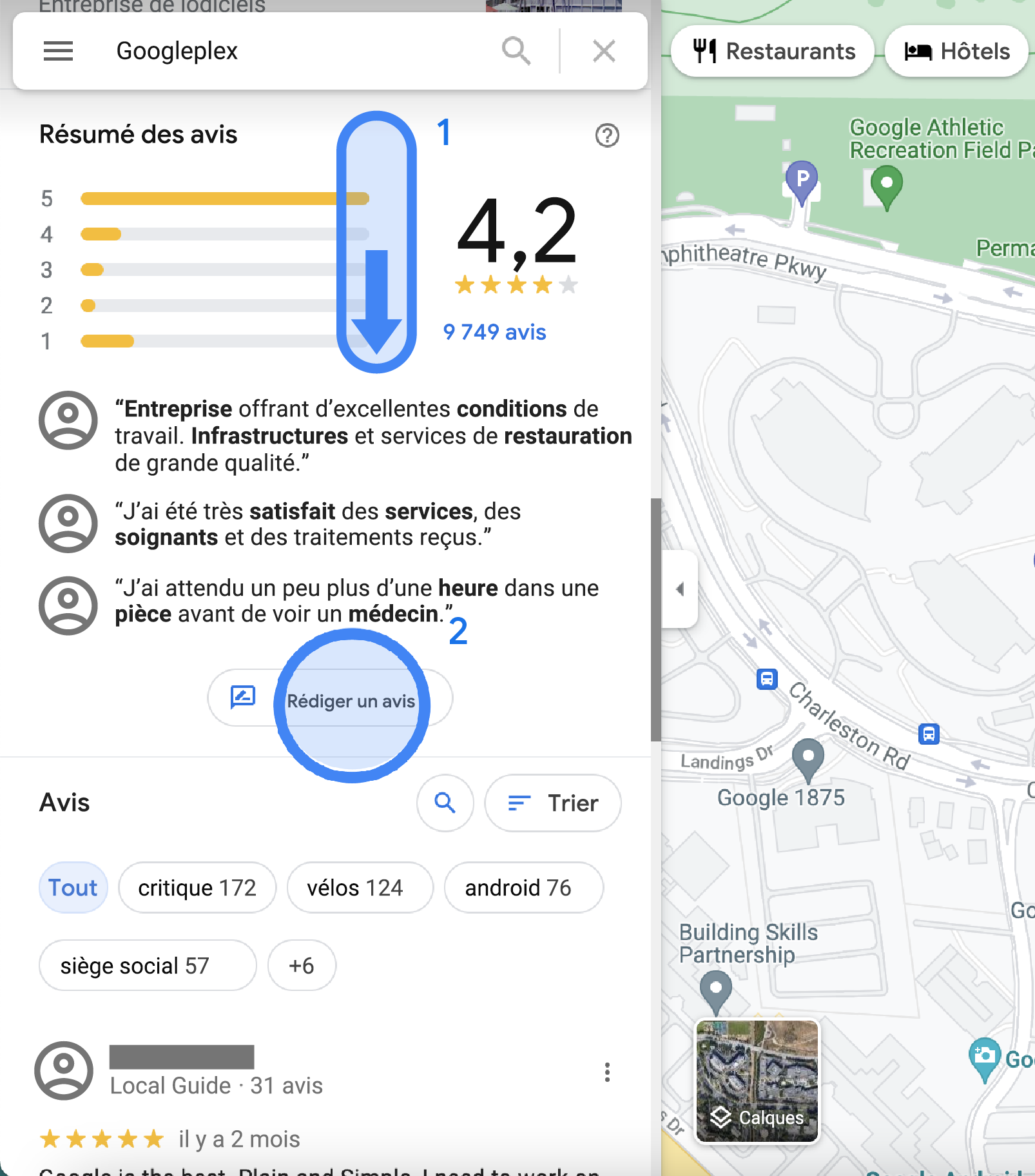 Dans Google Maps, un résumé des avis sur le Googleplex est affiché dans la barre latérale gauche. Il inclut la moyenne des notes, une sélection d'avis, un bouton "Rédiger un avis" et une liste de tous les avis.