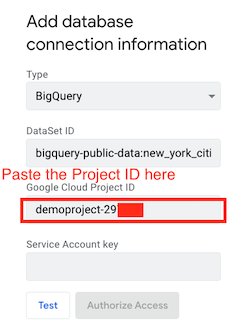 Paste project ID in Add database connection information dialog