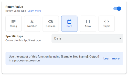 Return Value section of the Apps Script task