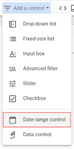 Date range control in the Add a control menu
