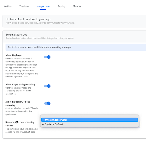 Dropdown for selecting MyScanditService for barcode scanning