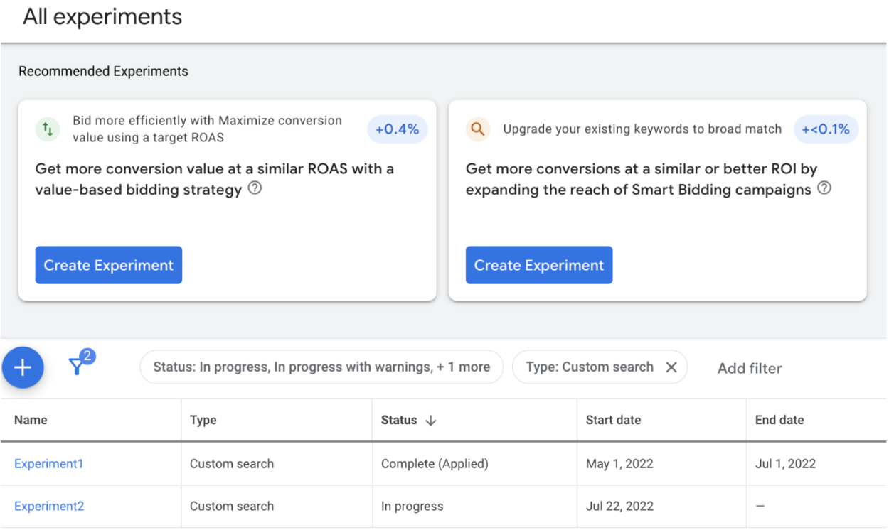 Screenshot of experiments in the Google Ads UI