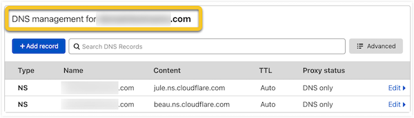 The DNS management section at Cloudflare is highlighted.