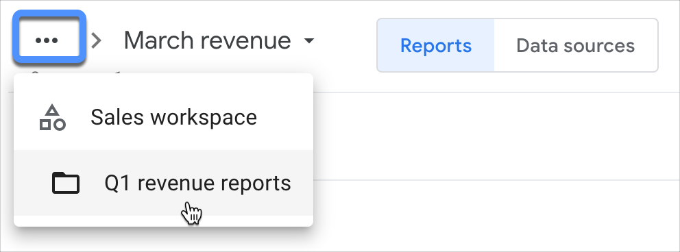 The Sales workspace and Q1 revenue reports folders are displayed in the March revenue navigation drop down menu.