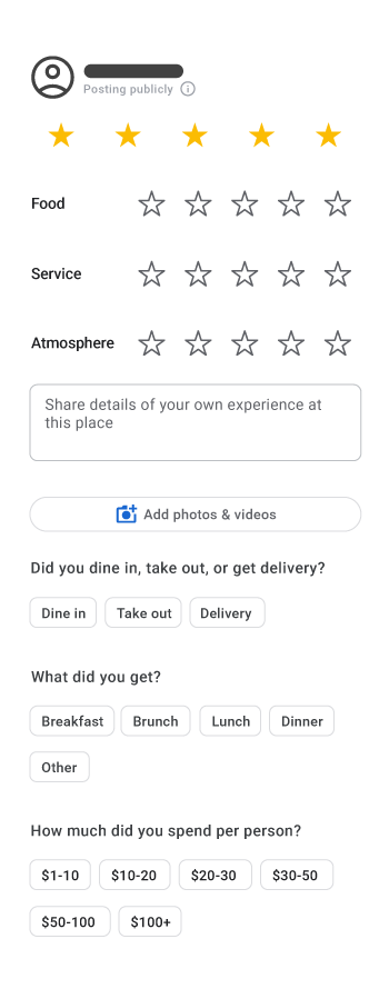 In the Google Maps app, a rating and review page is shown. The icon of a user is at the top with a note that says "Posting publicly." Five stars are selected and there is a text box to enter additional review details. At the bottom, there is a button that says "Add photos." 