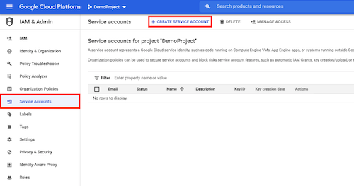 Create a service account in the Google Cloud Console