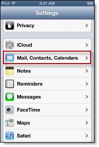 settings for mail, calendar, contacts on iphone