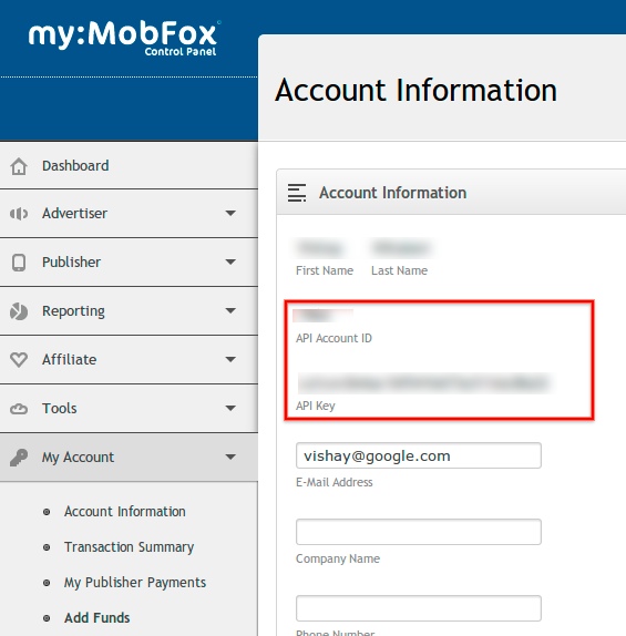 Mobfox 的“Account Information”屏幕示例。