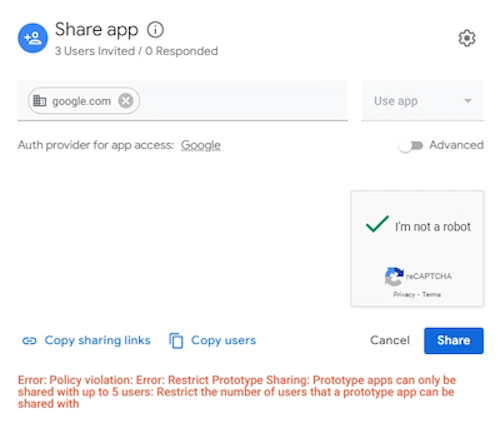 Share app dialog showing the Restrict Prototype Sharing error message