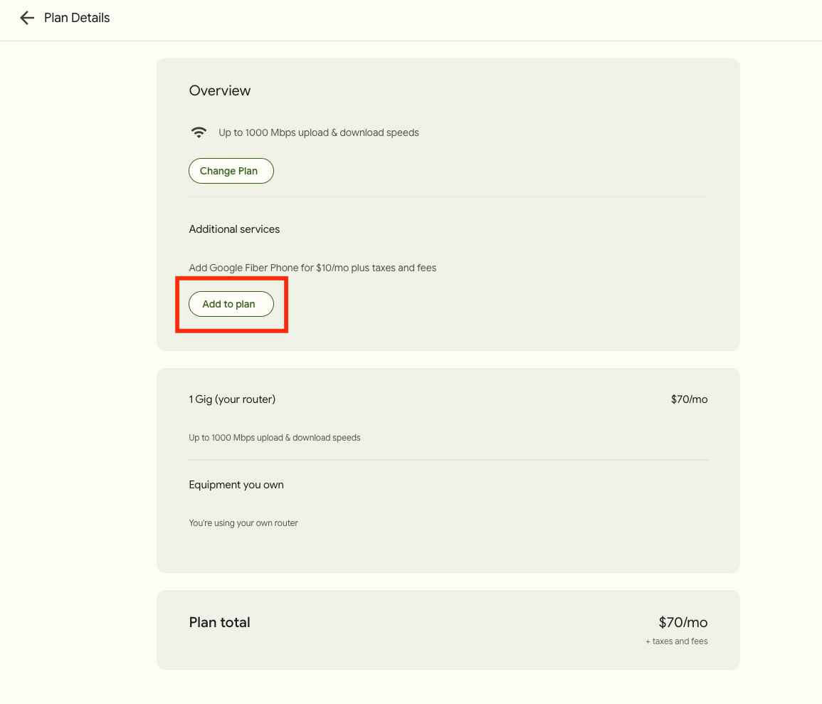 The "Plan Details" page within the GFiber customer portal. Google Fiber Phone is available under "Additional services," and the "Add to plan" button is circled in red.