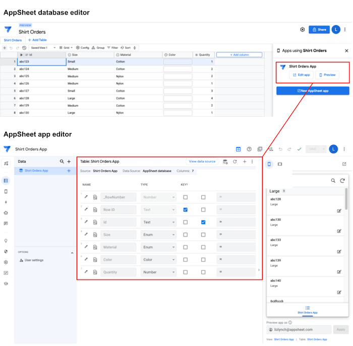 AppSheet database editor showing database used in app editor
