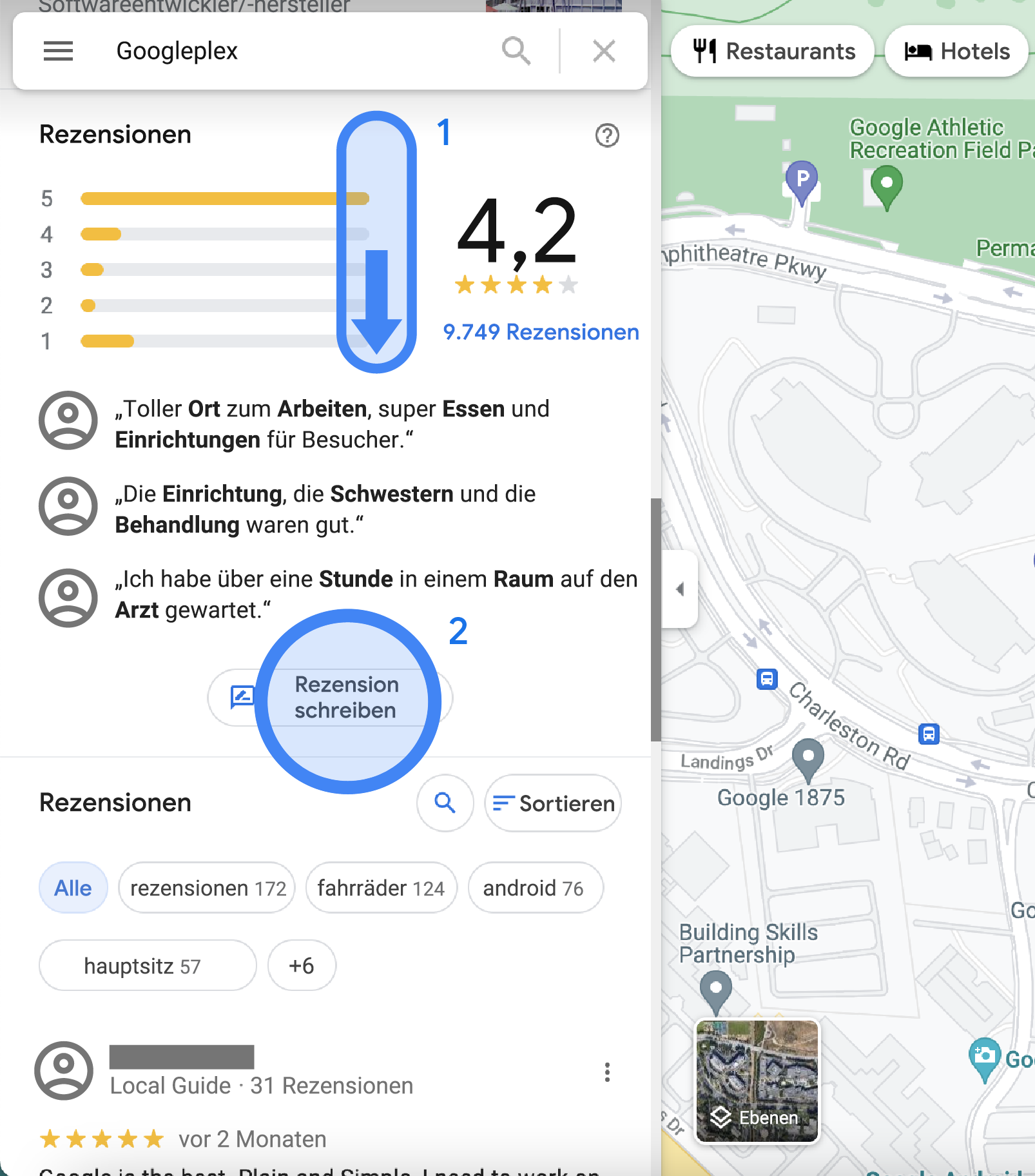 In der linken Seitenleiste von Google Maps wird eine Übersicht der Rezensionen zum Googleplex-Standort angezeigt. Hier sehen Sie die Durchschnittsbewertungen, ausgewählte Rezensionen, die Schaltfläche „Rezension schreiben“ sowie eine Liste aller Rezensionen.