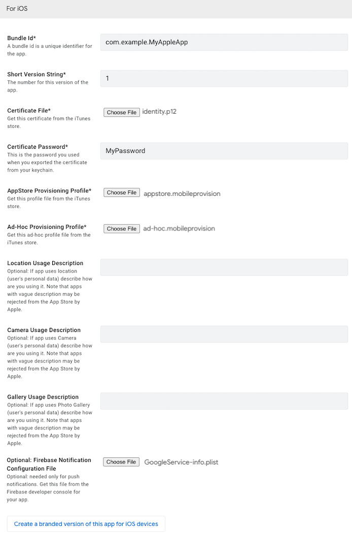 Upload the GoogleService-Info.list file and the Firebase API key to AppSheet iOS branded app section