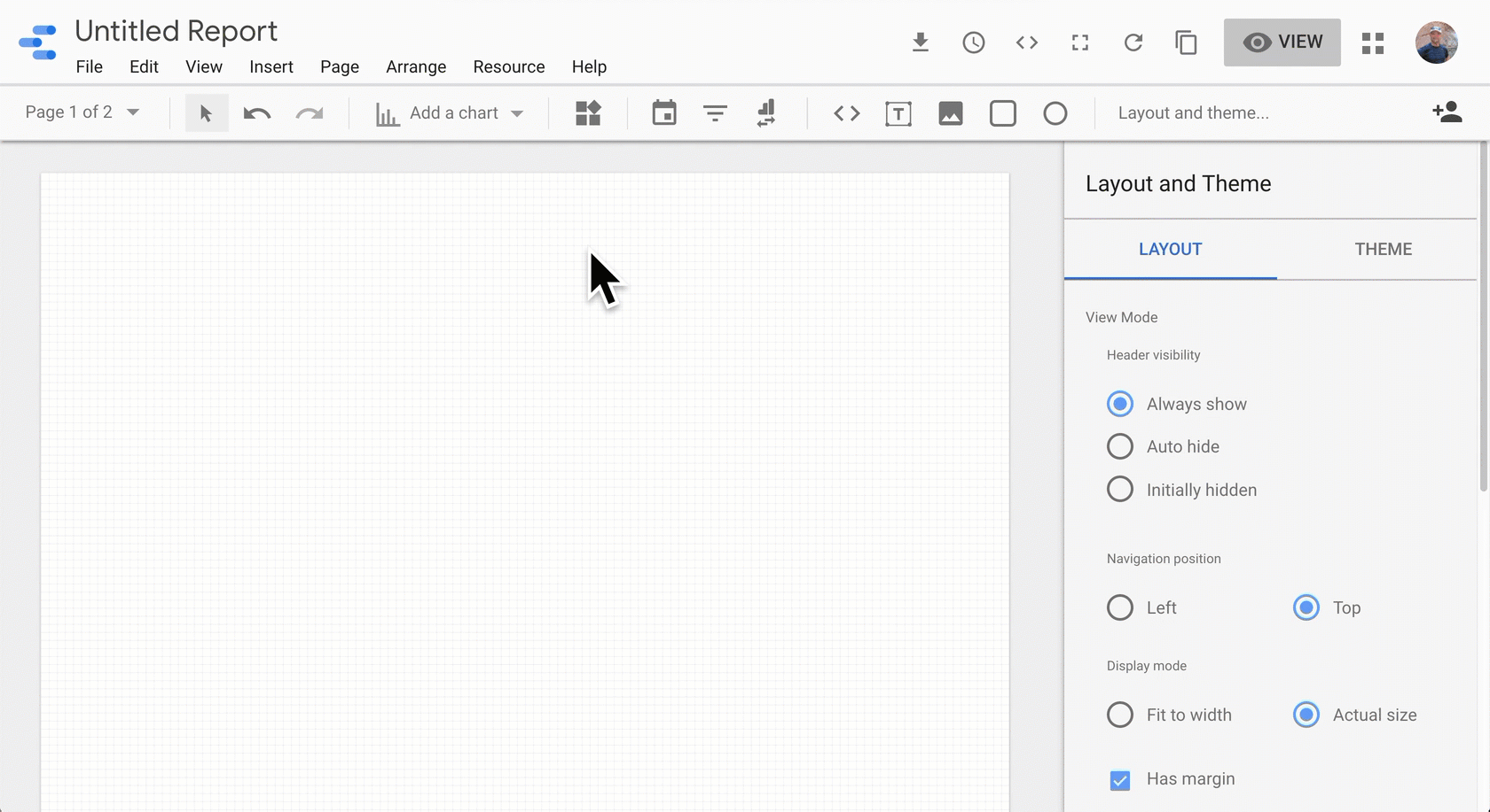 A user selects chart types from the Add a chart drop-down menu and arranges them on a report.