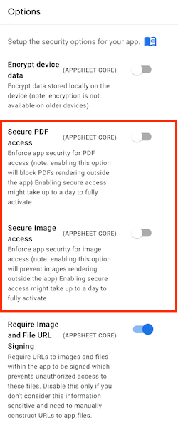 The Security Options section enables yo8u to Secure PDF access and Secure Image access.