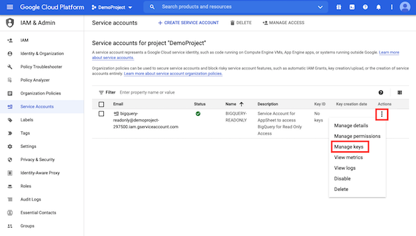 Manage keys in your service account