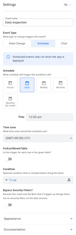 Settings for schedule events