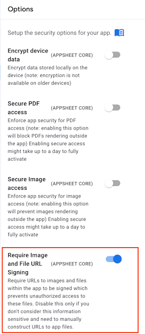The Options section of Security enables you to toggle the Require Image and File URL Signing property