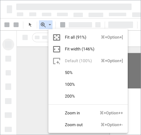 The report editor, with the Zoom (magnifying glass) control selected. The Zoom control is located in the toolbar. The drop down arrow next to the control displays zoom options and hotkeys.