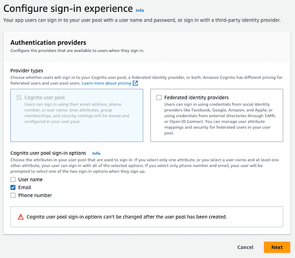 AWS Cognito configure sign-in experience