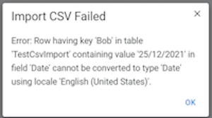 Import CSV failed dialog