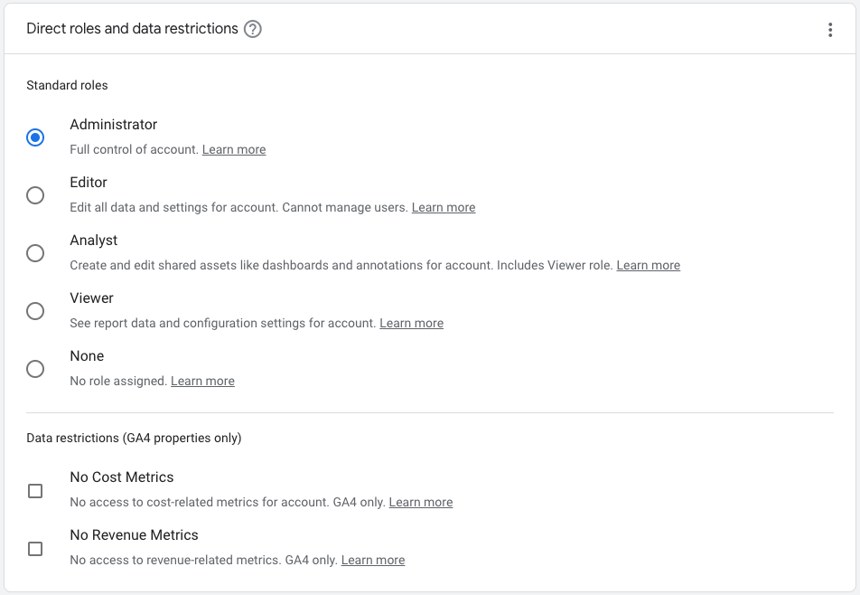 Direct roles and data restrictions interface