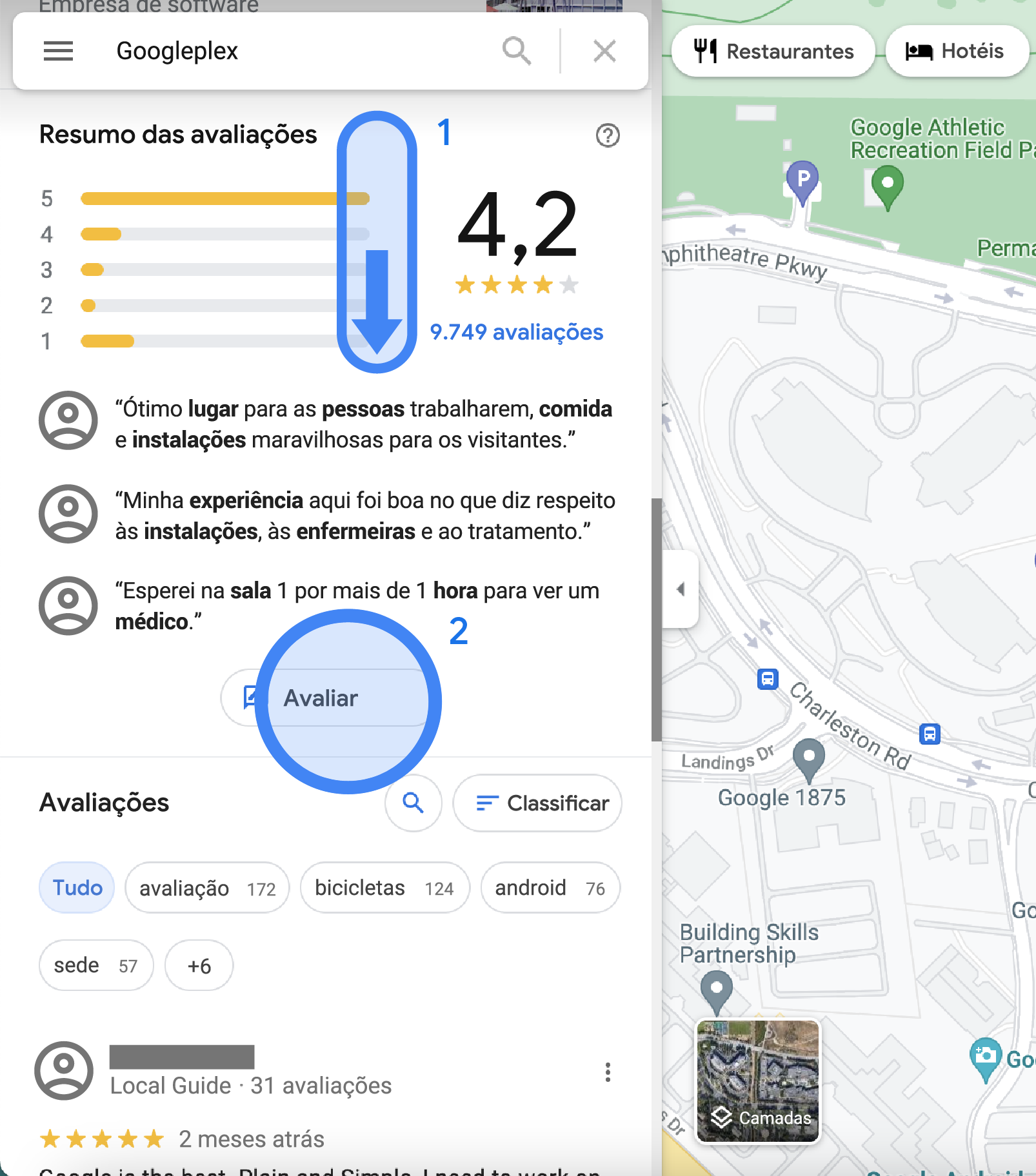 No Google Maps, um resumo da avaliação de um local do Googleplex é exibido na barra lateral esquerda. Ele mostra a média das notas, os destaques, um botão "Escreva uma avaliação" e uma lista de todas as avaliações.