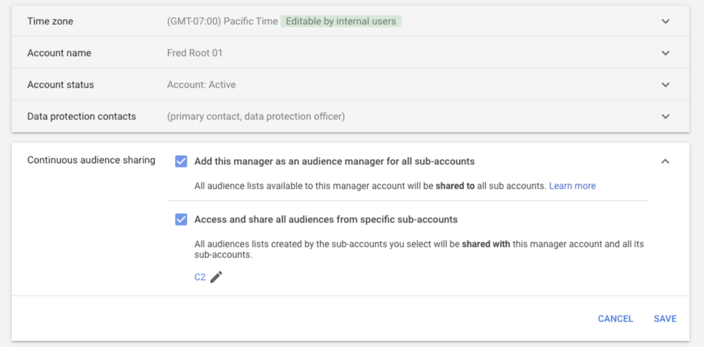 Example screenshot of enabling continuous audience sharing from sub-accounts