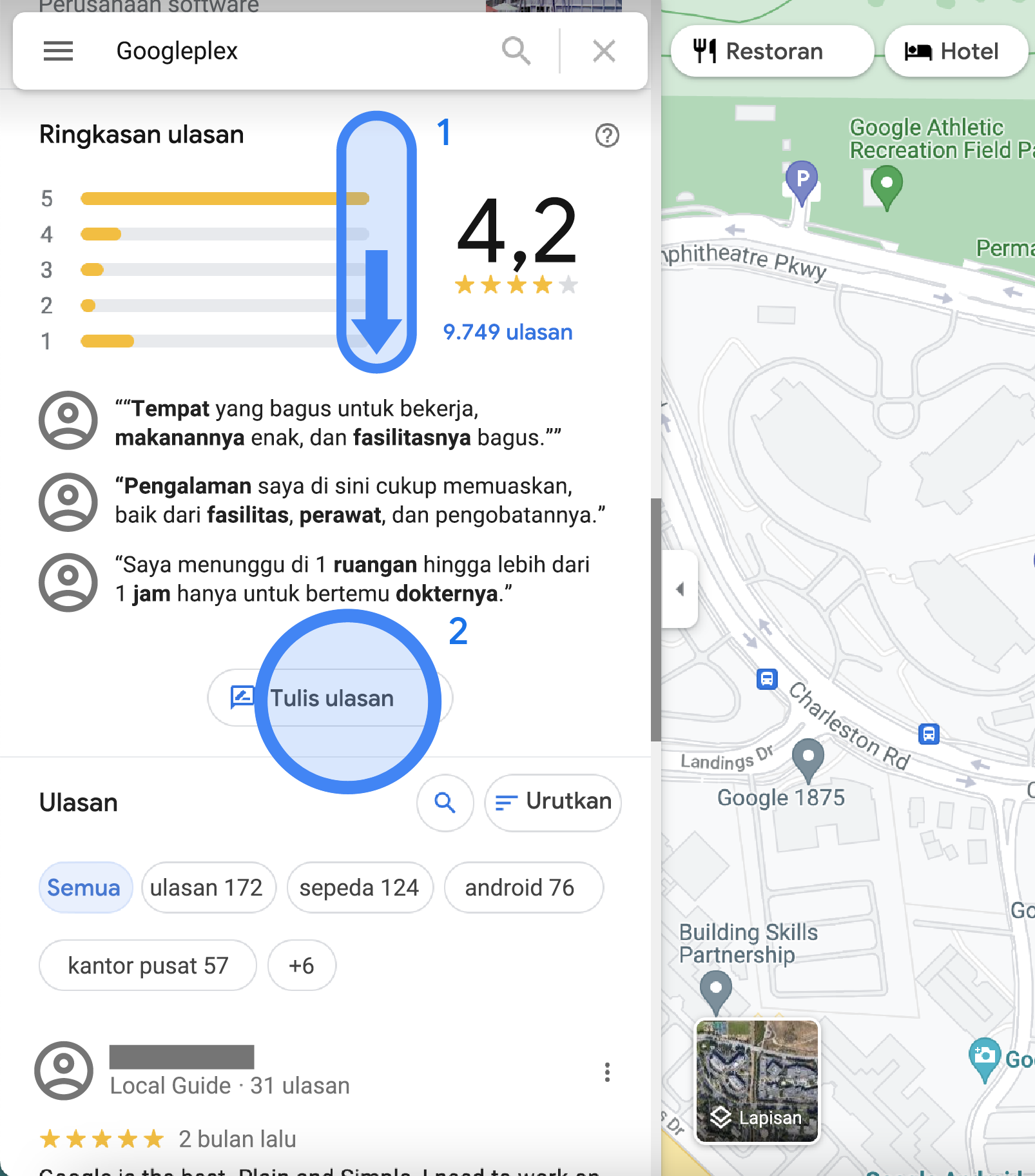 Di Google Maps, ringkasan ulasan lokasi Googleplex ditampilkan di sidebar kiri. Laporan tersebut menunjukkan rating ulasan rata-rata, ulasan yang disorot, tombol yang bertuliskan "Tulis ulasan", dan daftar semua ulasan.