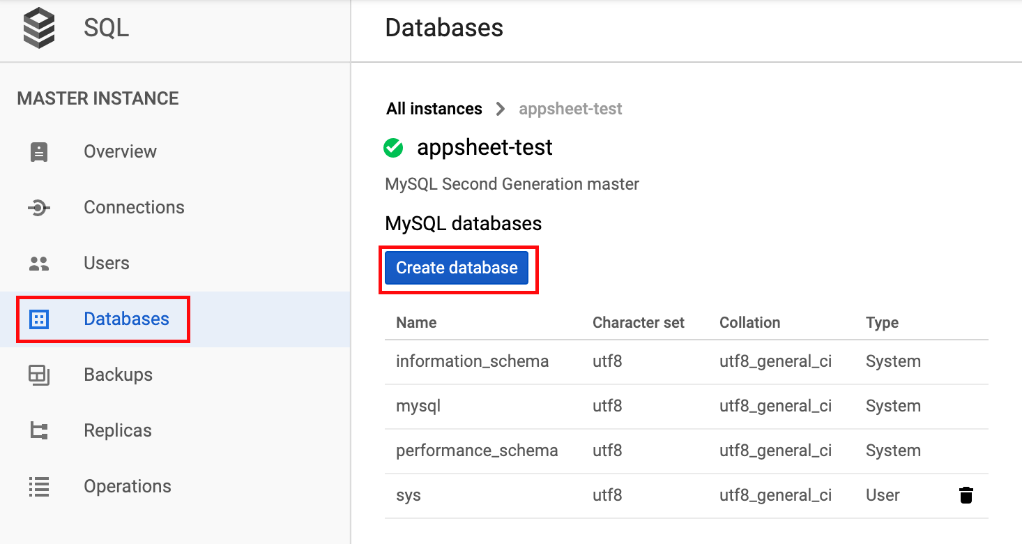 Click Databases and Create database in the Google Cloud console