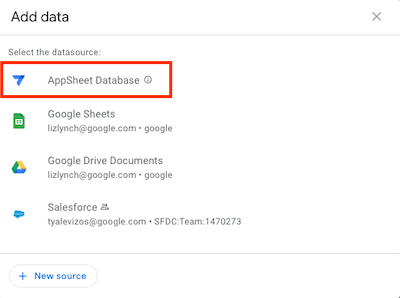 Select AppSheet Database in the Add data dialog
