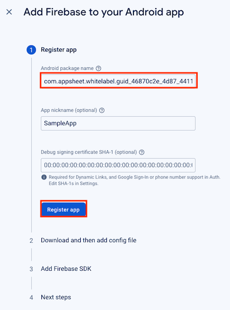 Paste app name in the Add Firebase to your Android app dialog