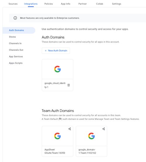 Auth Domains pane showing personal and team authorization domains in your account