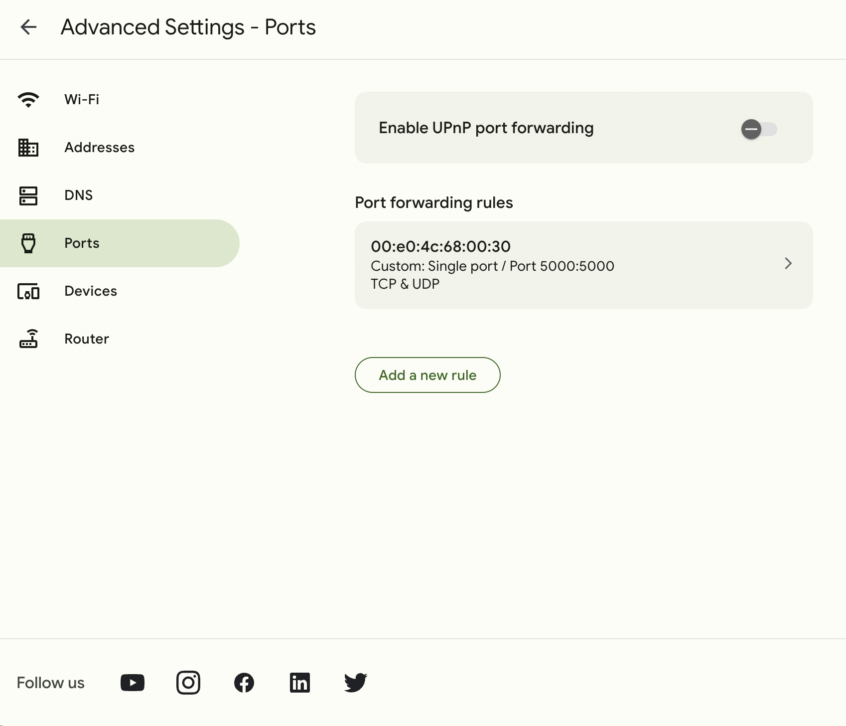 The "Ports" section of the GFiber portal Advanced Settings page. The user has the option to enable UPnP port forwarding, or to add/edit port forwarding rules.