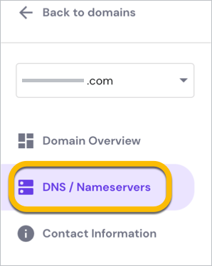 The DNS/Nameservers option is highlighted