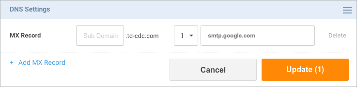 The + Add MX Record link is under the MX Record fields.