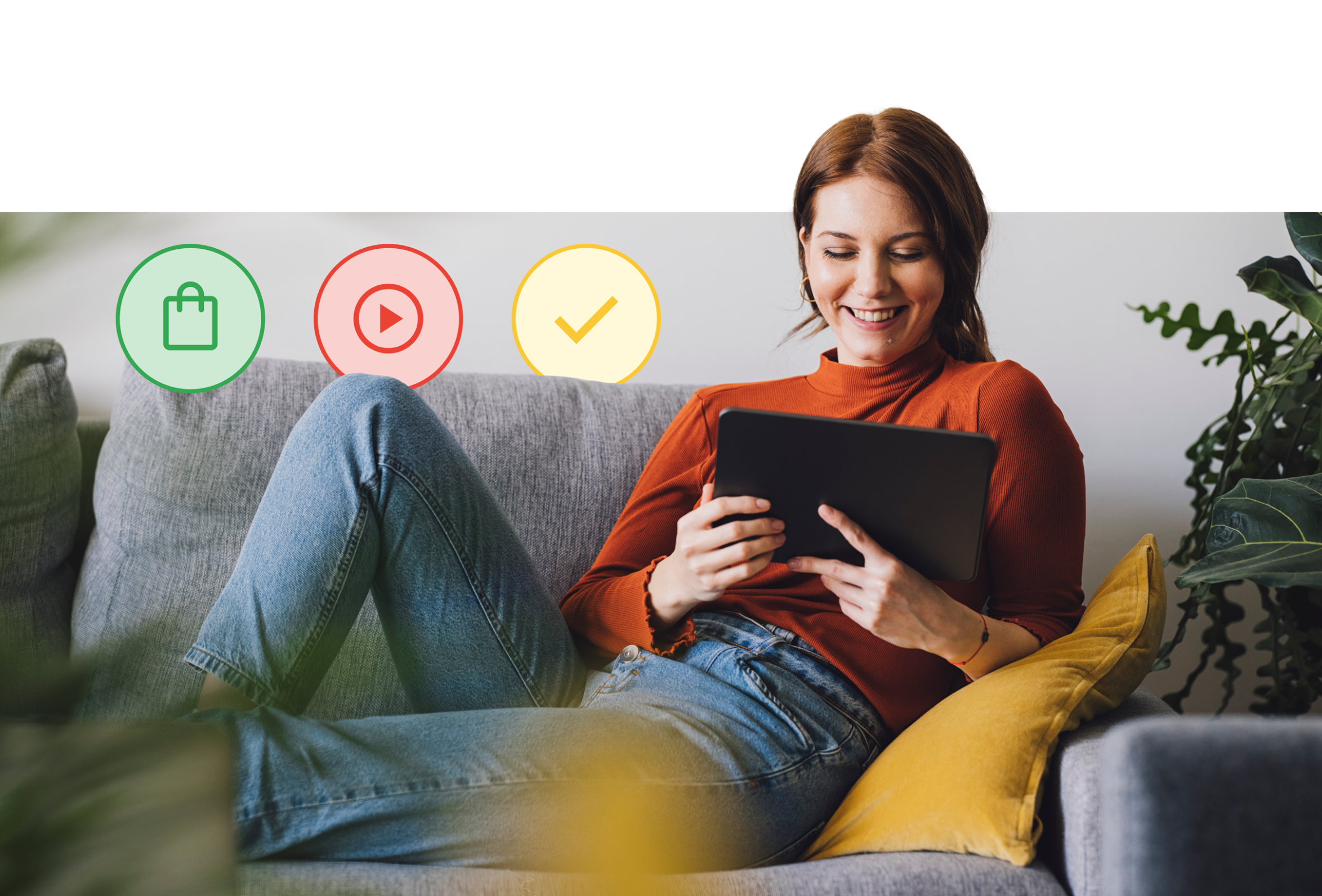 A woman looking at her laptop. Next to her are 3 icons: upward arrow, list, and checkmark.