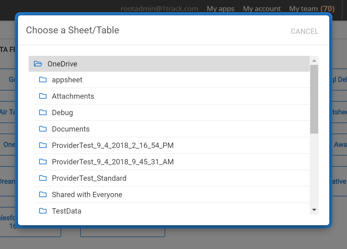 Choose a sheet or table dialog showing OneDrive