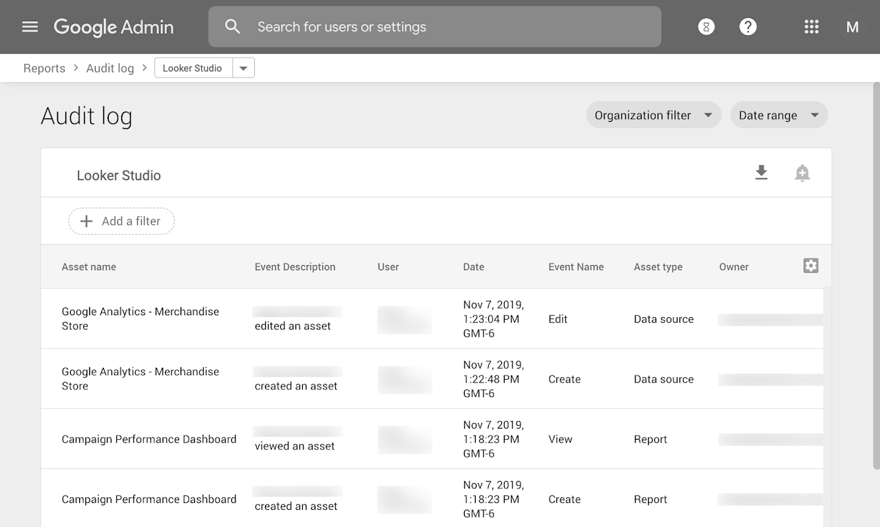 Audit log page displaying Asset name, Event Description, User, Date, Event Name, Asset type, and Owner data for reports and data sources.