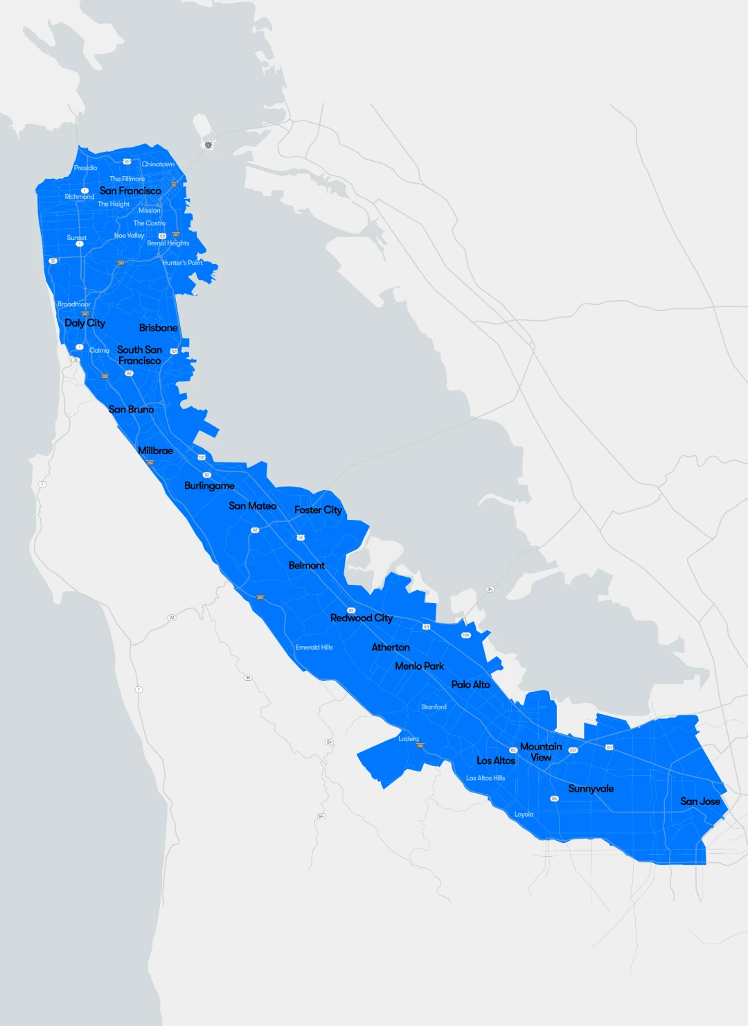 San Francisco Bay Area Service Area, covering San Francisco down to San Jose