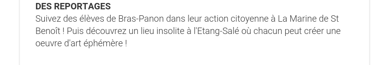 DES REPORTAGES Suivez des élèves de Bras-Panon dans leur action citoyenne à La Marine de St Benoît ! Puis découvrez un lieu insolite à l'Etang-Salé où chacun peut créer une oeuvre d'art éphémère !