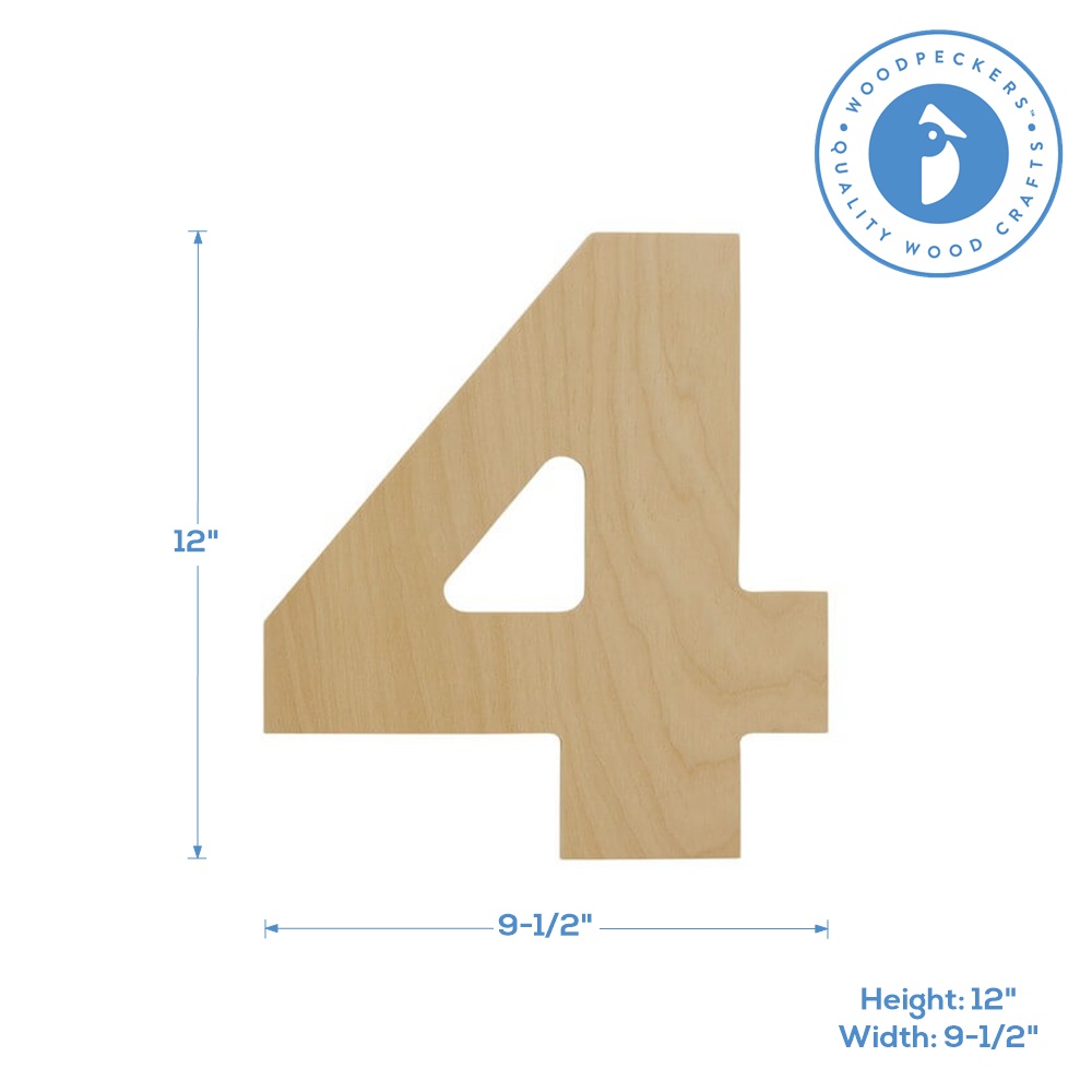 Wooden Number 4, 12 inch, Unfinished Large Wood Numbers for Crafts, Woodpeckers