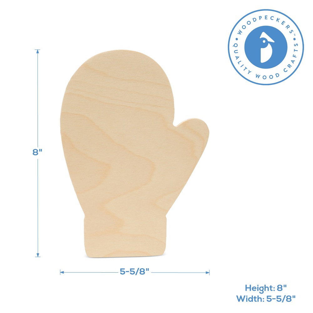Mitten Wood Cutouts 8”, Unfinished Wooden Shapes for Crafts/Decor, Woodpeckers